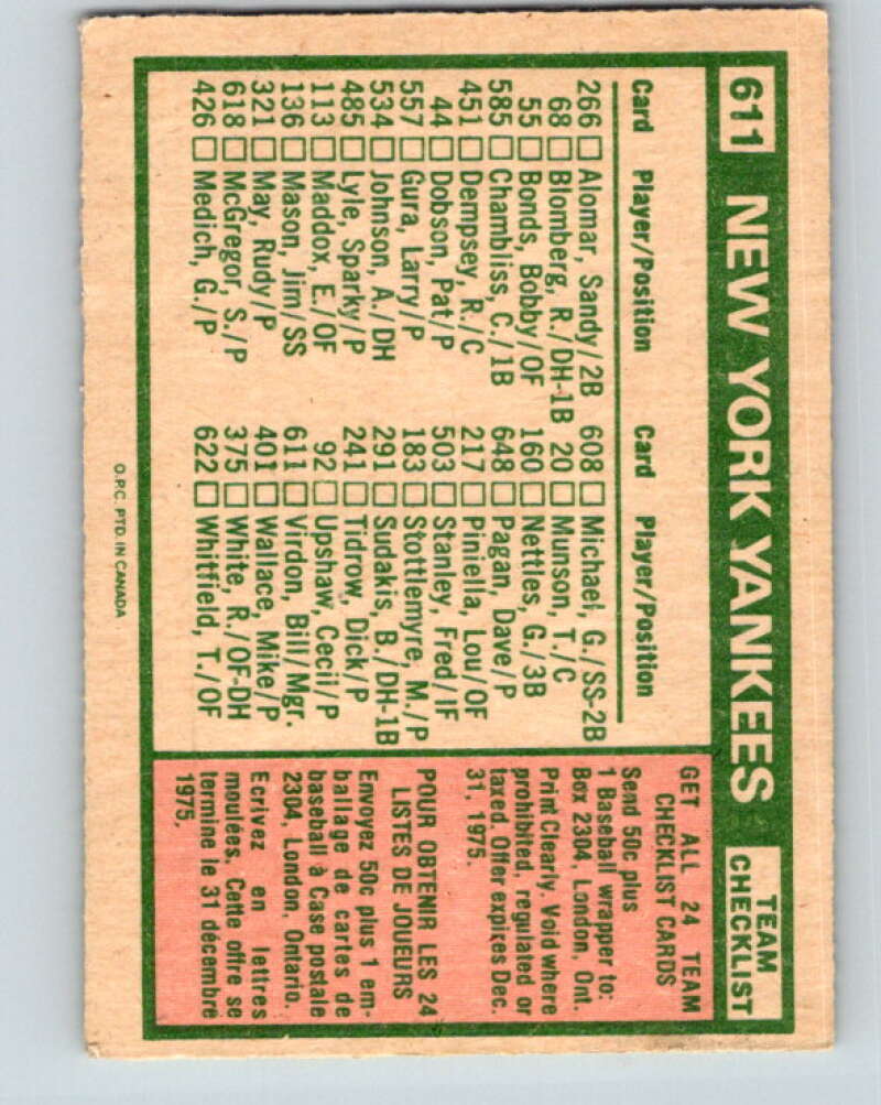 1975 O-Pee-Chee MLB #611 Yankees Team/Bill Virdon MG Yankees V10655