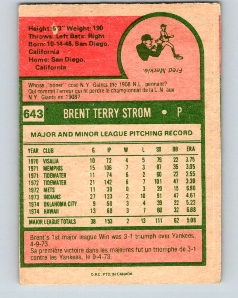 1975 O-Pee-Chee MLB #643 Brent Strom San Diego Padres V10660