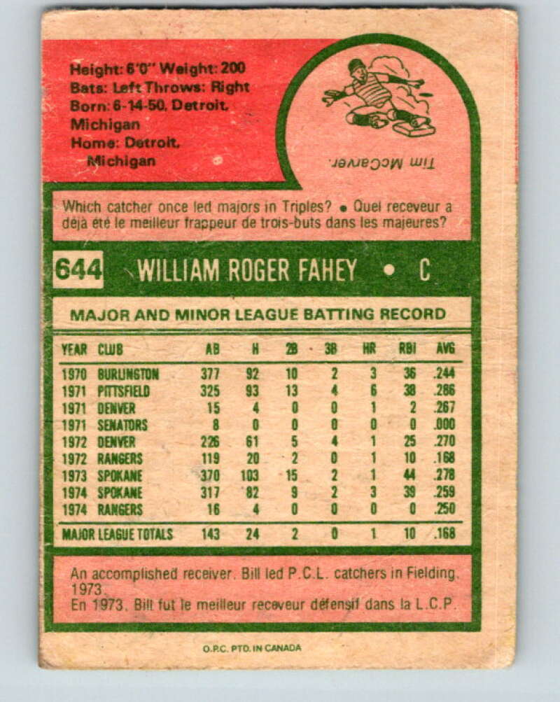 1975 O-Pee-Chee MLB #644 Bill Fahey Texas Rangers V10661