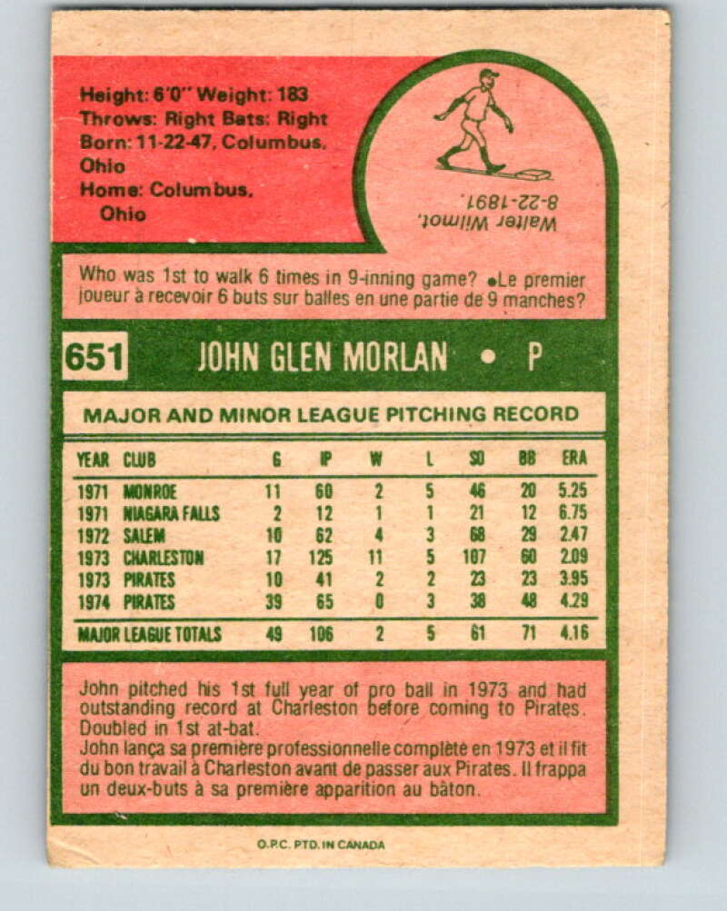 1975 O-Pee-Chee MLB #651 John Morlan Pittsburgh Pirates V10663