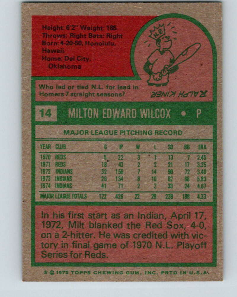 1975 Topps MLB #14 Milt Wilcox Cleveland Indians V10666