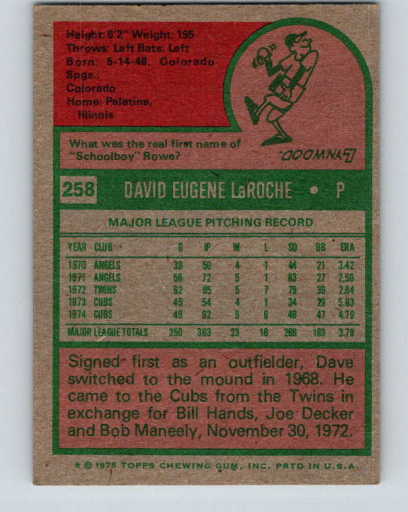 1975 Topps MLB #258 Dave LaRoche Chicago Cubs V10671