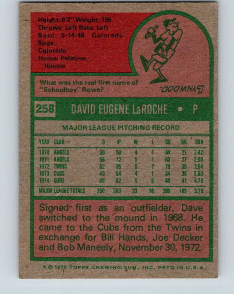 1975 Topps MLB #258 Dave LaRoche  Chicago Cubs  V10671
