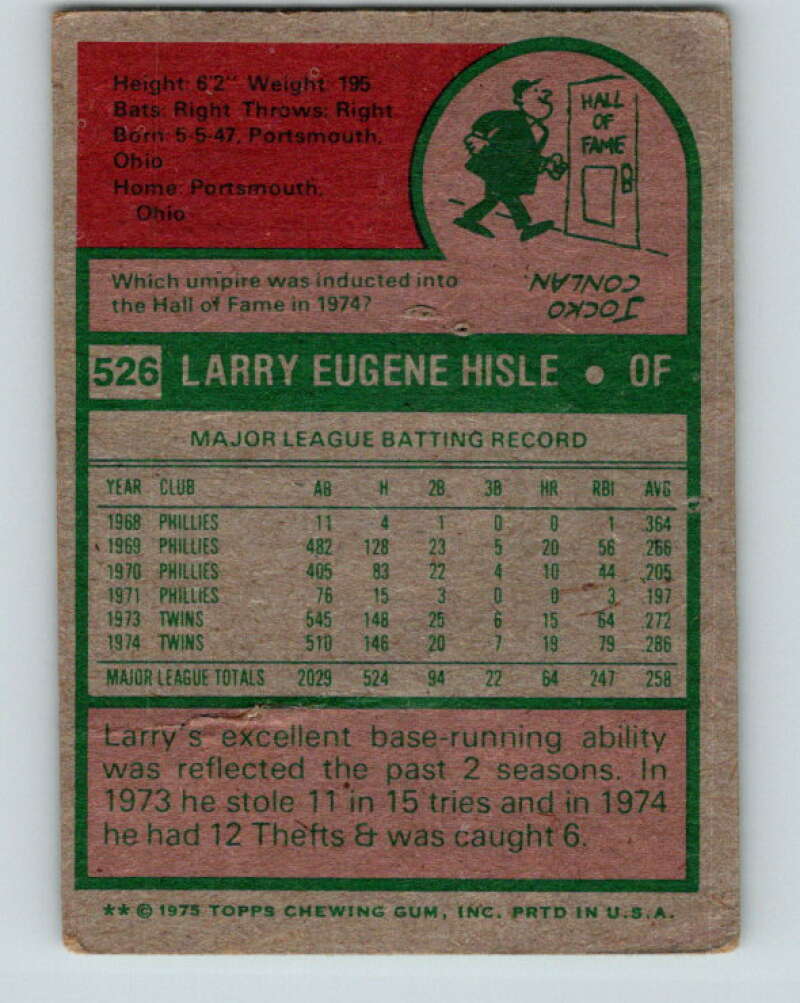 1975 Topps MLB #526 Larry Hisle Minnesota Twins V10673