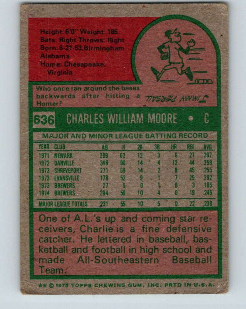 1975 Topps MLB #636 Charlie Moore Milwaukee Brewers V10675