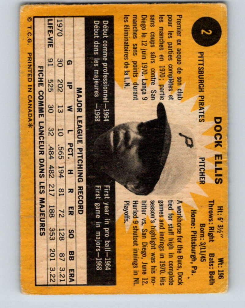 1971 O-Pee-Chee MLB #2 Dock Ellis� Pittsburgh Pirates� V10678