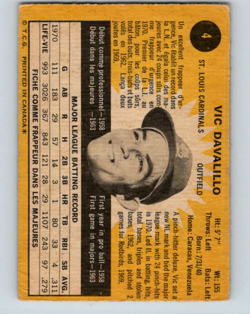 1971 O-Pee-Chee MLB #4 Vic Davalillo� St. Louis Cardinals� V10683