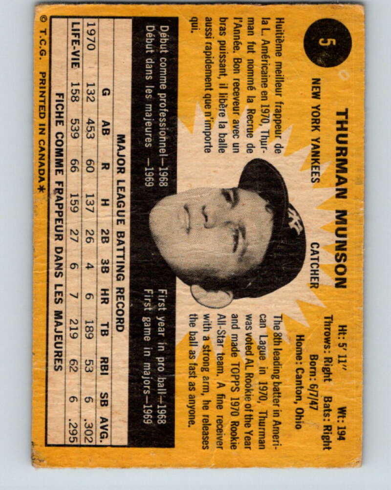 1971 O-Pee-Chee MLB #5 Thurman Munson� RC Rookie New York V10684