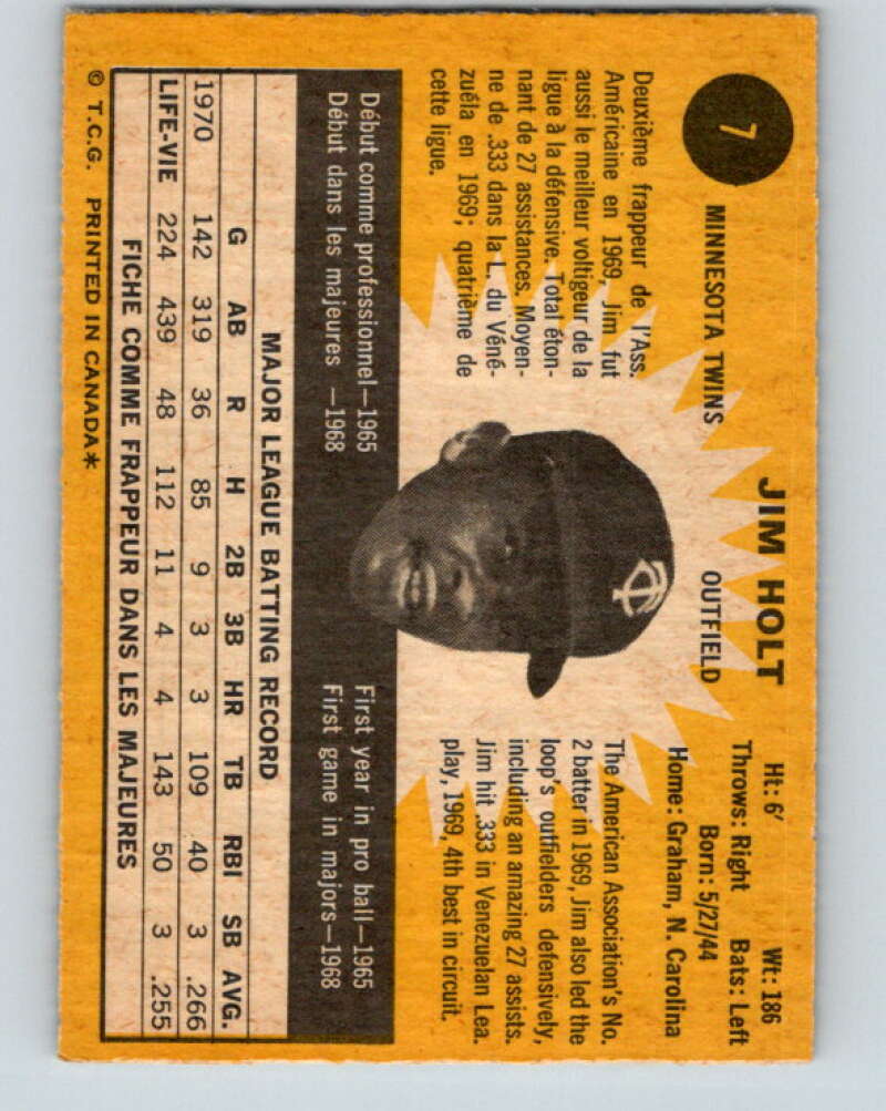 1971 O-Pee-Chee MLB #7 Jim Holt� RC Rookie Minnesota Twins� V10686