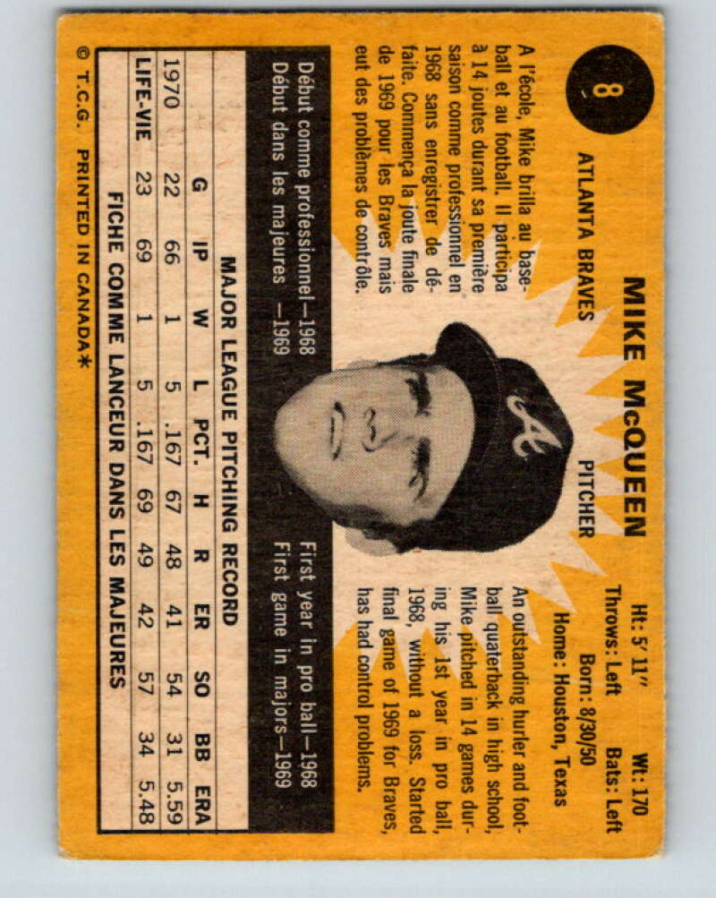 1971 O-Pee-Chee MLB #8 Mike McQueen� Atlanta Braves� V10688