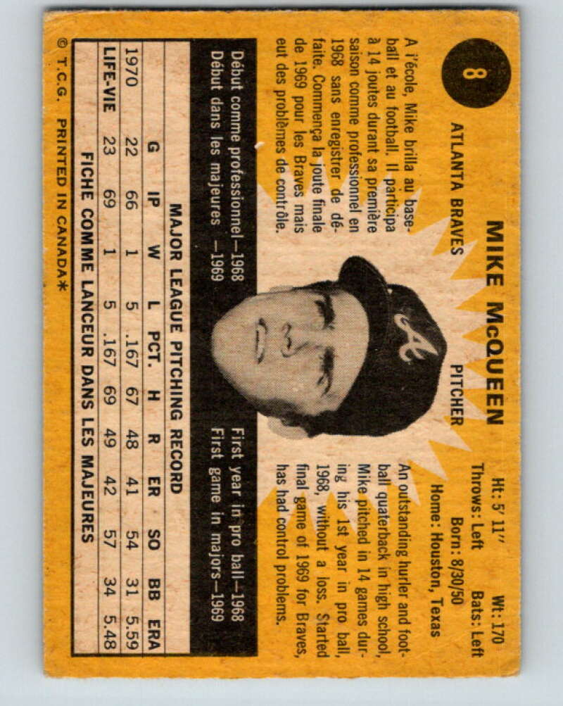 1971 O-Pee-Chee MLB #8 Mike McQueen�Atlanta Braves� V10689