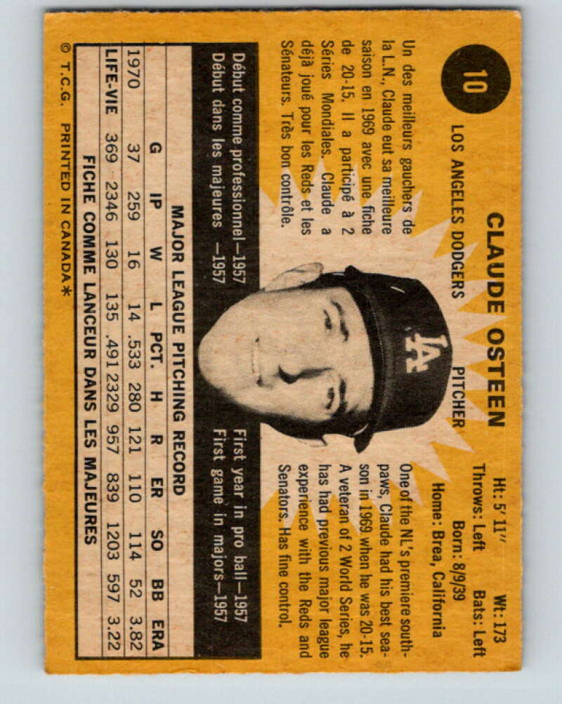 1971 O-Pee-Chee MLB #10 Claude Osteen� Los Angeles Dodgers� V10695