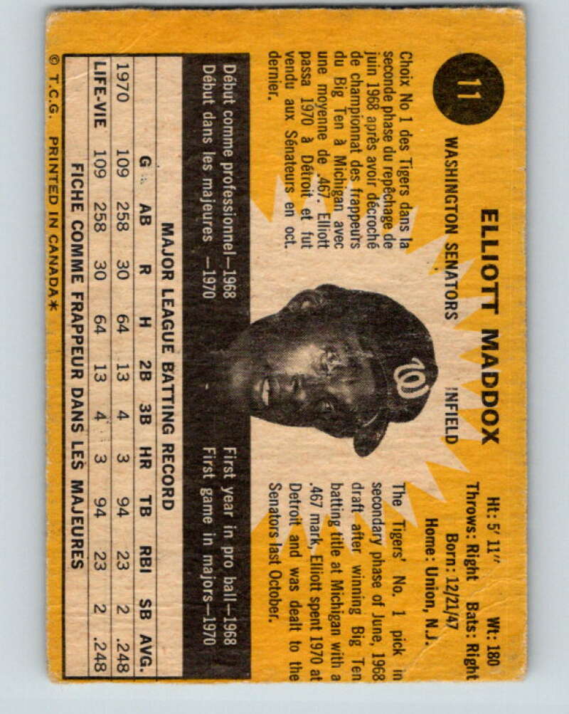 1971 O-Pee-Chee MLB #11 Elliott Maddox� RC Rookie Washington Senators� V10696