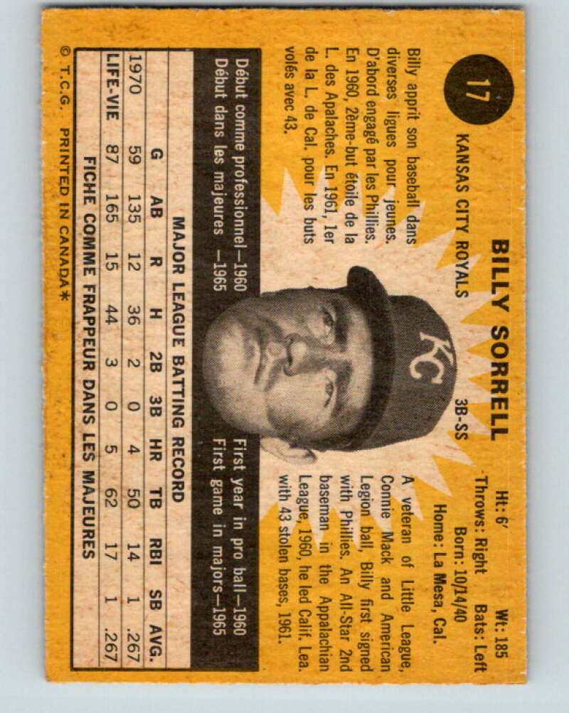 1971 O-Pee-Chee MLB #17 Billy Sorrell� Kansas City Royals� V10700