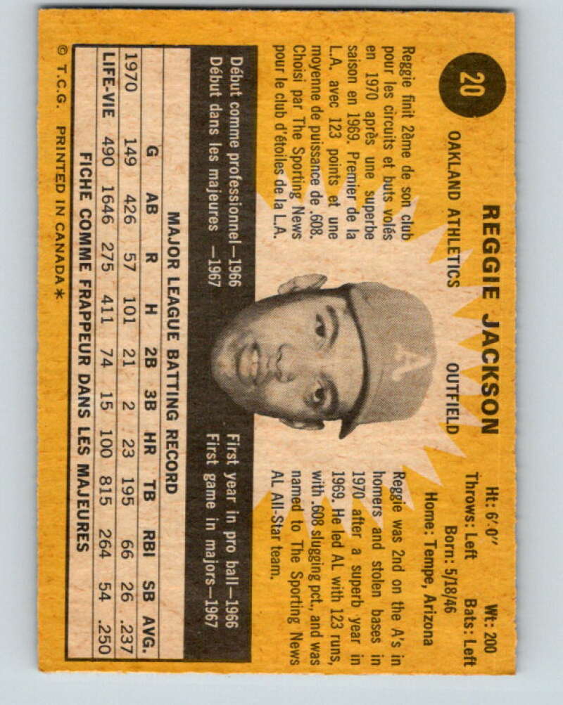 1971 O-Pee-Chee MLB #20 Reggie Jackson� Oakland Athletics� V10704