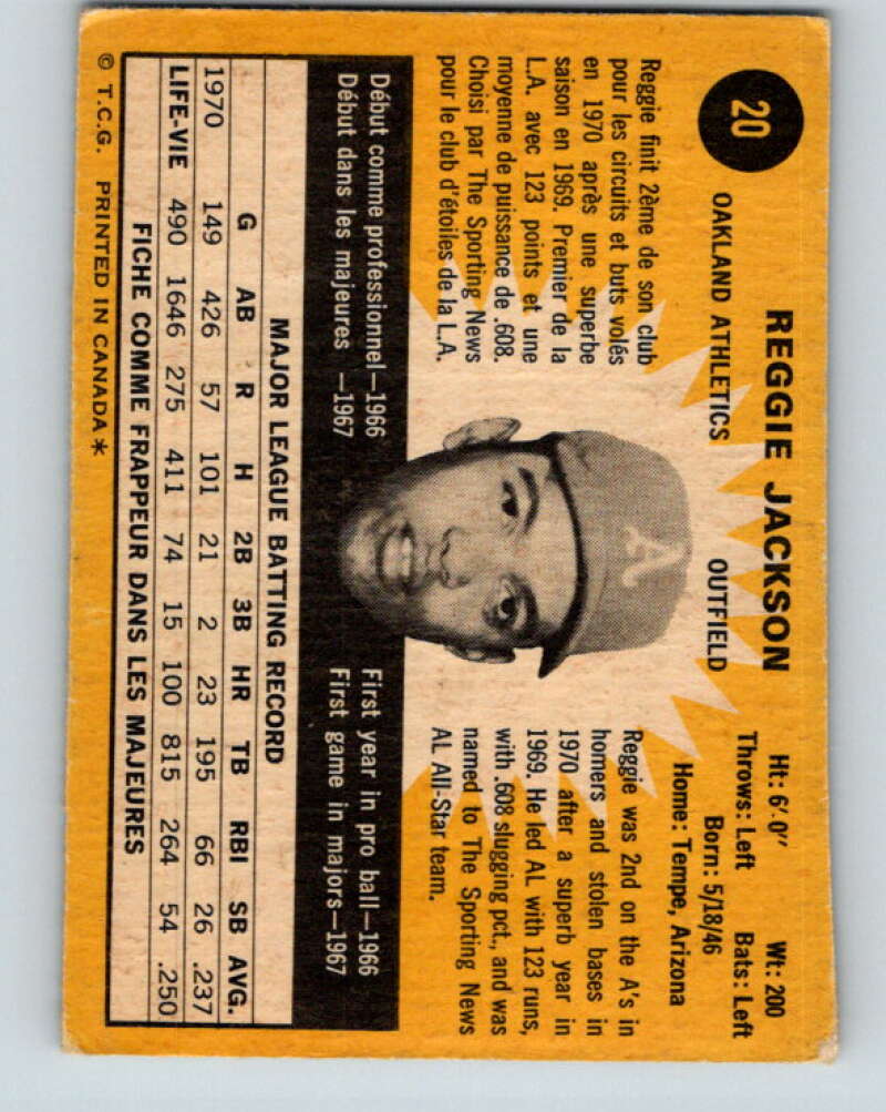 1971 O-Pee-Chee MLB #20 Reggie Jackson� Oakland Athletics� V10705