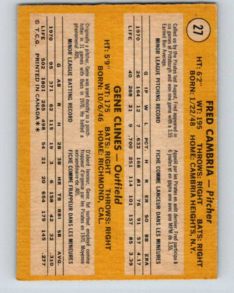 1971 O-Pee-Chee MLB #27 Cambria/Clines� RC Rookie Pittsburgh V10716
