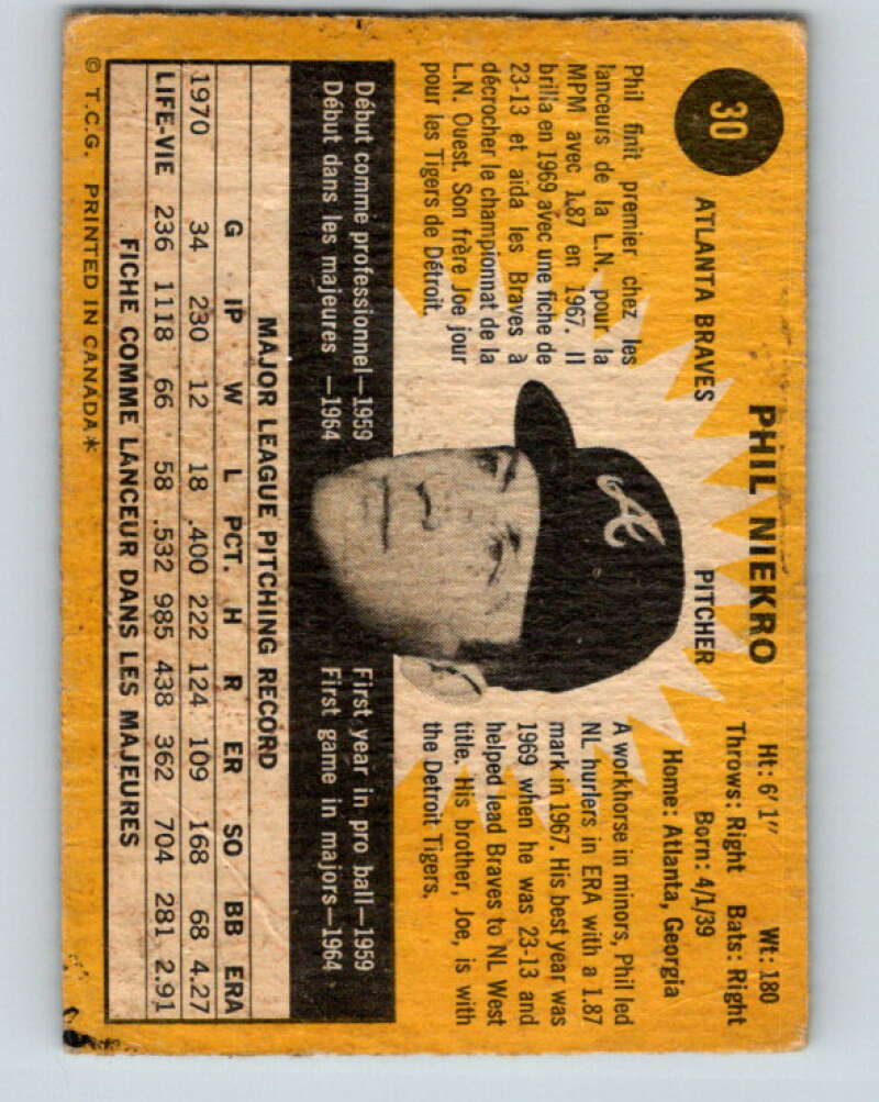 1971 O-Pee-Chee MLB #30 Phil Niekro� Atlanta Braves� V10720