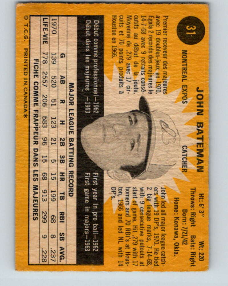 1971 O-Pee-Chee MLB #31 John Bateman� Montreal Expos� V10721
