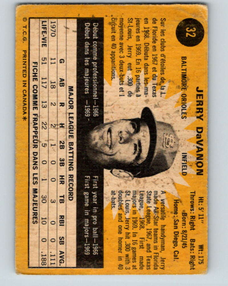 1971 O-Pee-Chee MLB #32 Jerry DaVanon� Baltimore Orioles� V10722