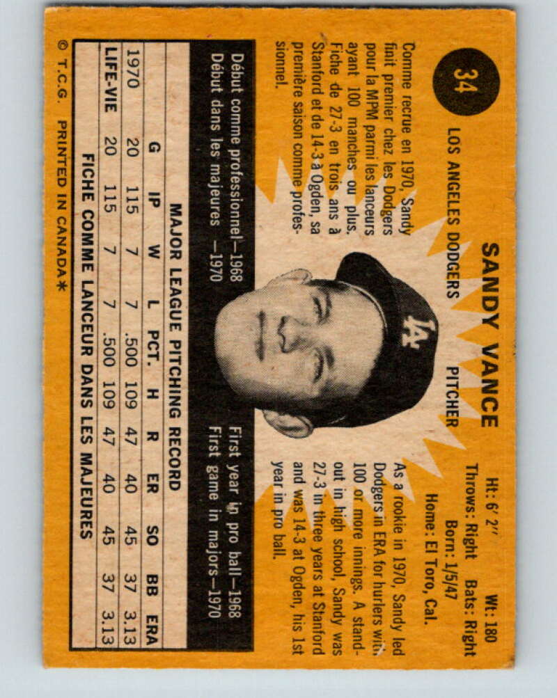 1971 O-Pee-Chee MLB #34 Sandy Vance�RC Rookie Dodgers� V10725