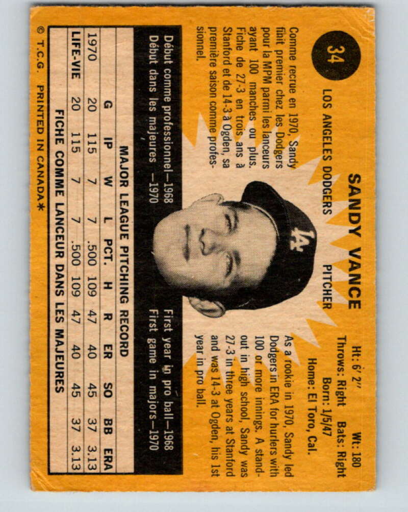 1971 O-Pee-Chee MLB #34 Sandy Vance�RC Rookie Dodgers� V10726