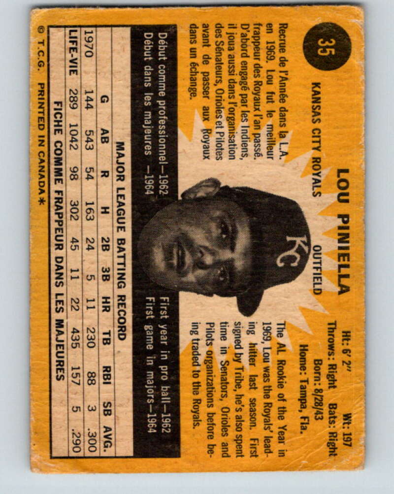 1971 O-Pee-Chee MLB #35 Lou Piniella� Kansas City Royals� V10727