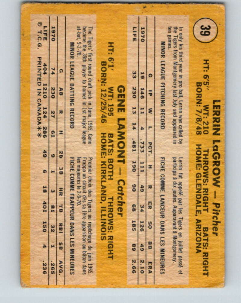 1971 O-Pee-Chee MLB #39 LaGrow/Lamont� RC Rookie Tigers� V10735