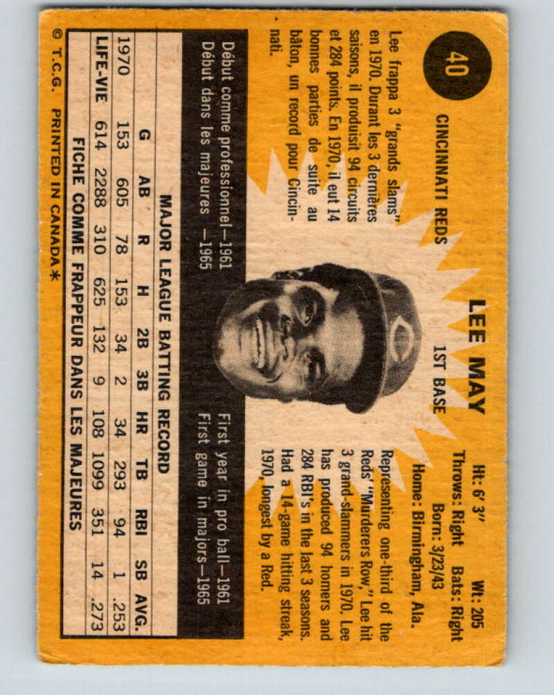 1971 O-Pee-Chee MLB #40 Lee May� Cincinnati Reds� V10740