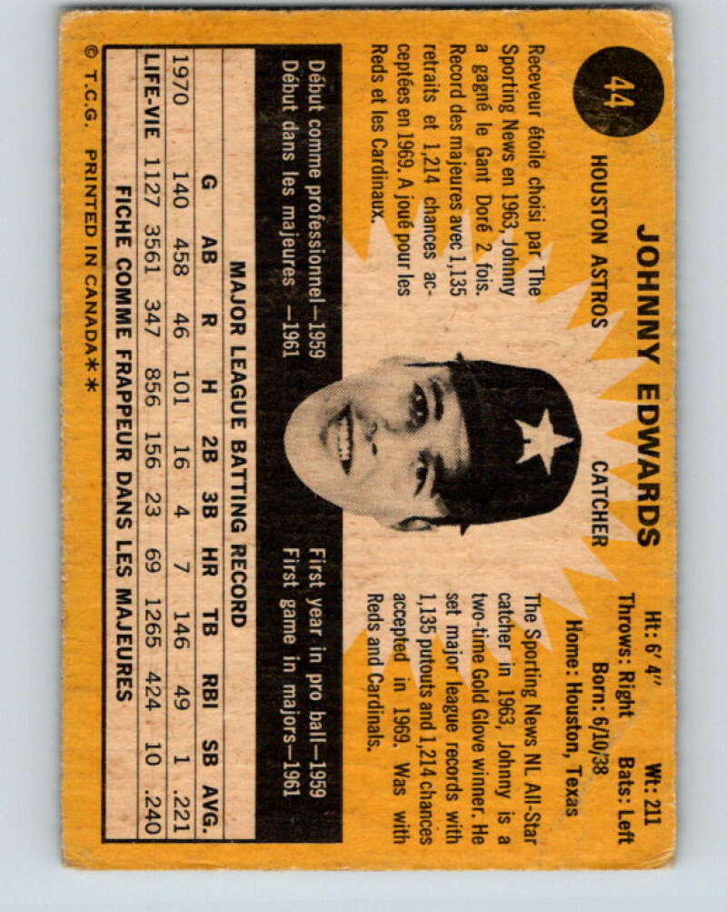 1971 O-Pee-Chee MLB #44 Johnny Edwards� Houston Astros� V10748