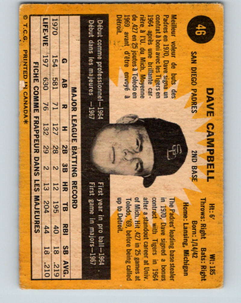 1971 O-Pee-Chee MLB #46 Dave Campbell� San Diego Padres� V10750