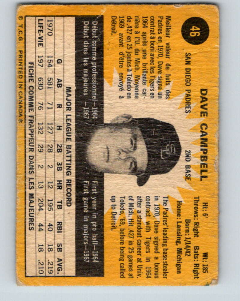 1971 O-Pee-Chee MLB #46 Dave Campbell� San Diego Padres� V10751