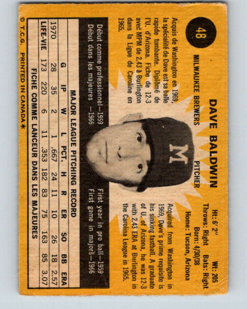 1971 O-Pee-Chee MLB #48 Dave Baldwin� Milwaukee Brewers� V10754