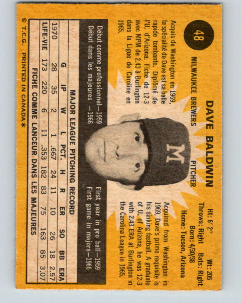 1971 O-Pee-Chee MLB #48 Dave Baldwin� Milwaukee Brewers� V10756