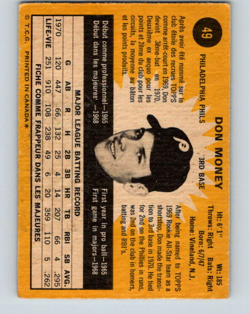1971 O-Pee-Chee MLB #49 Don Money� Philadelphia Phillies� V10757