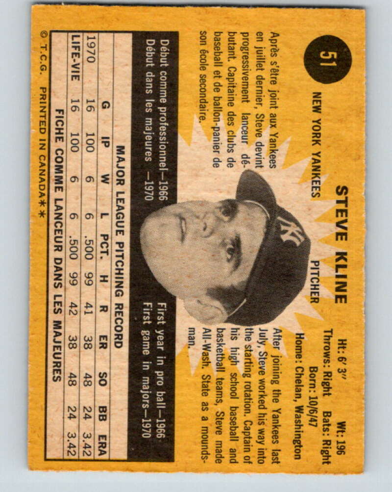 1971 O-Pee-Chee MLB #51 Steve Kline� RC Rookie New York Yankees� V10760