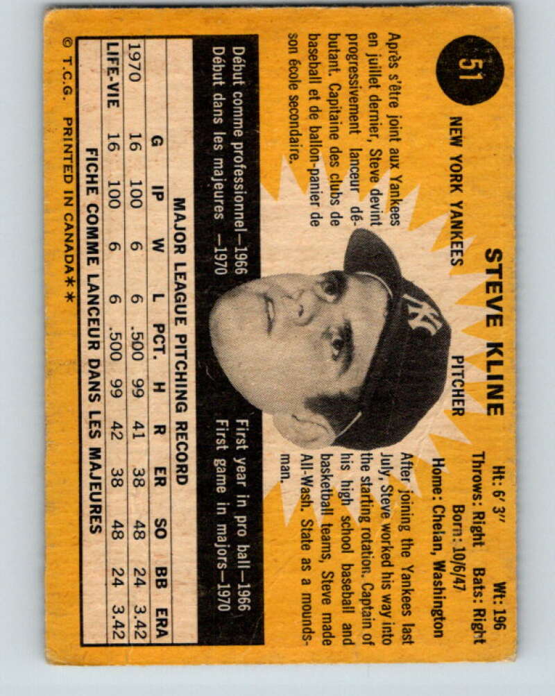 1971 O-Pee-Chee MLB #51 Steve Kline� RC Rookie New York Yankees� V10761