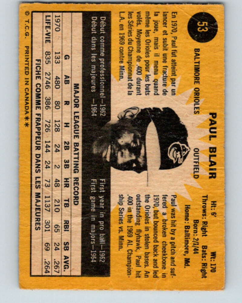 1971 O-Pee-Chee MLB #53 Paul Blair� Baltimore Orioles� V10763