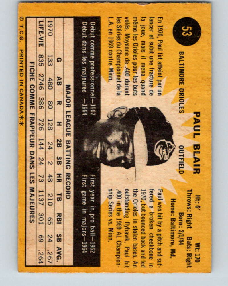 1971 O-Pee-Chee MLB #53 Paul Blair� Baltimore Orioles� V10764