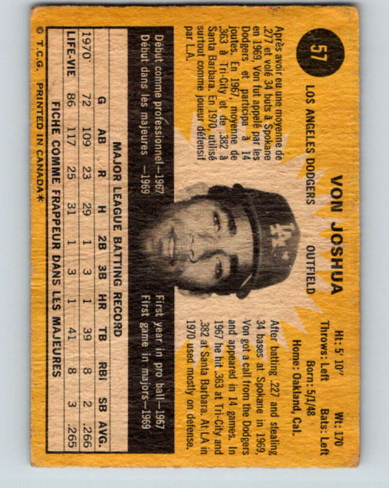 1971 O-Pee-Chee MLB #57 Von Joshua�RC Rookie Dodgers� V10769