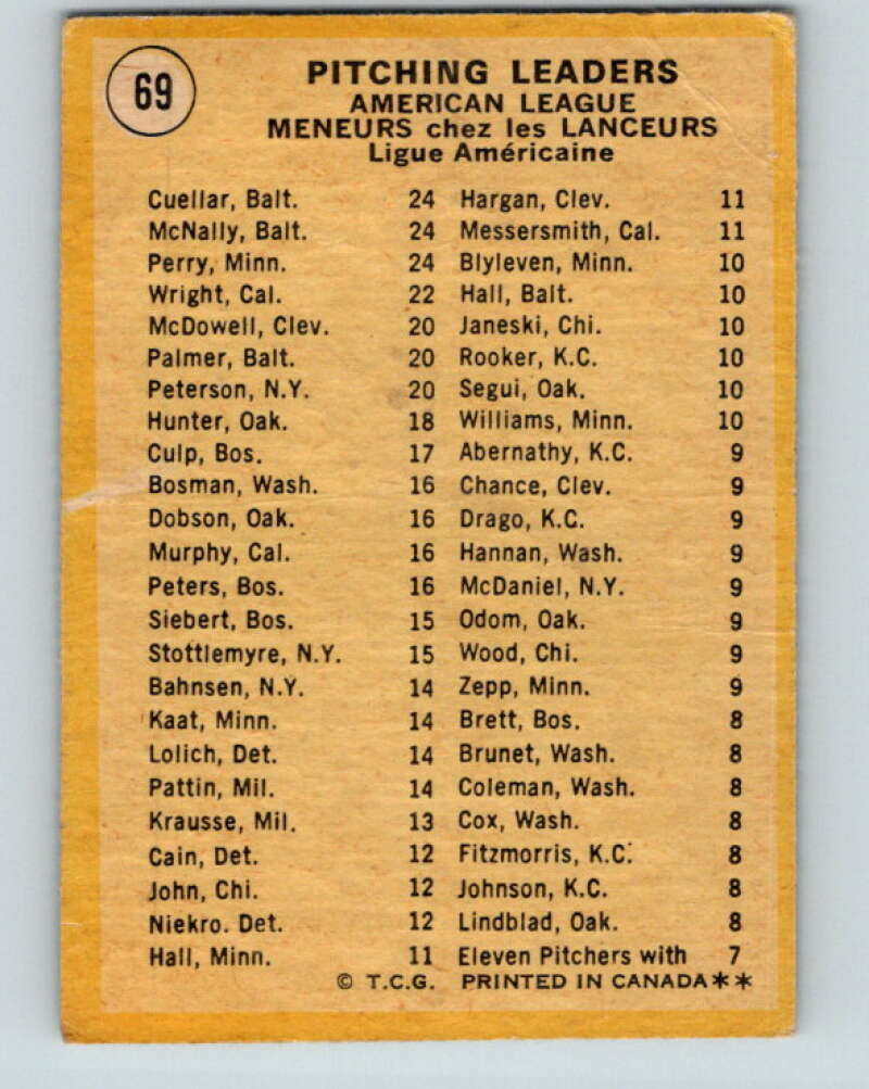 1971 O-Pee-Chee MLB #69 Cuellar/McNally/Perry� V10791