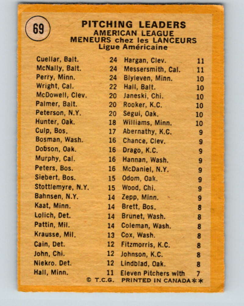 1971 O-Pee-Chee MLB #69 Cuellar/McNally/Perry� V10792