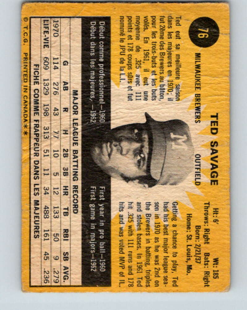 1971 O-Pee-Chee MLB #76 Ted Savage� Milwaukee Brewers� V10800