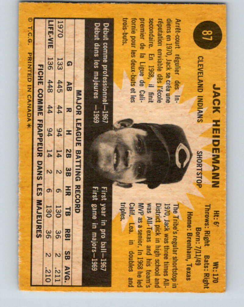 1971 O-Pee-Chee MLB #87 Jack Heidemann� RC Rookie Cleveland V10806