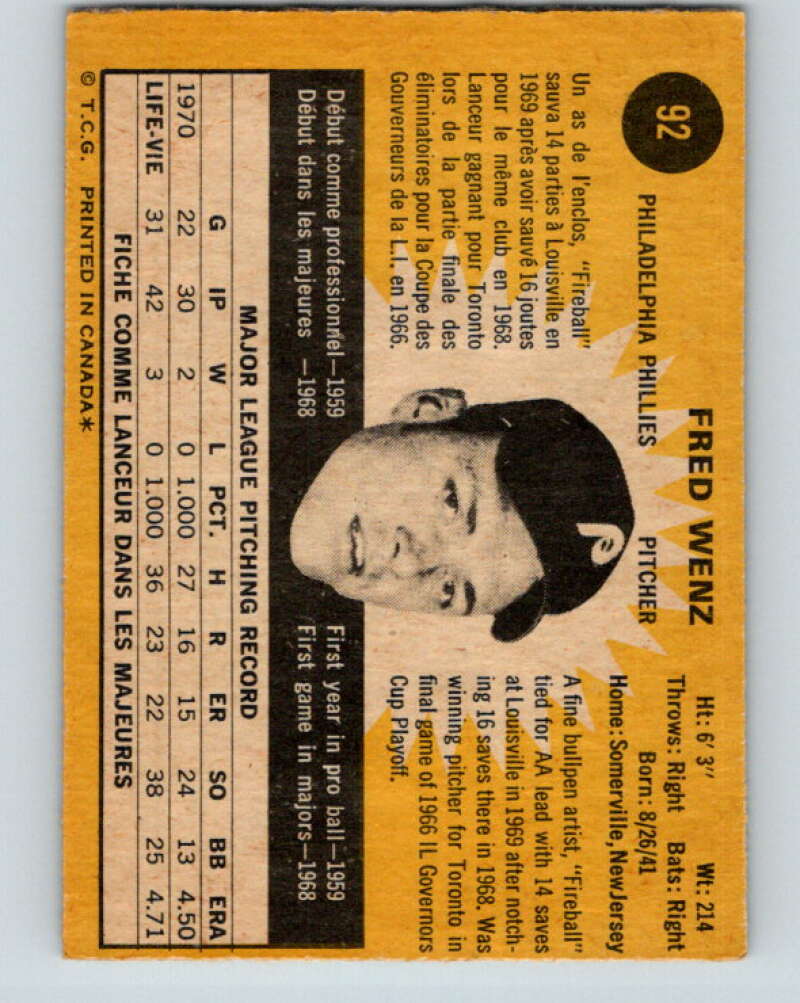 1971 O-Pee-Chee MLB #92 Fred Wenz� Philadelphia Phillies� V10817