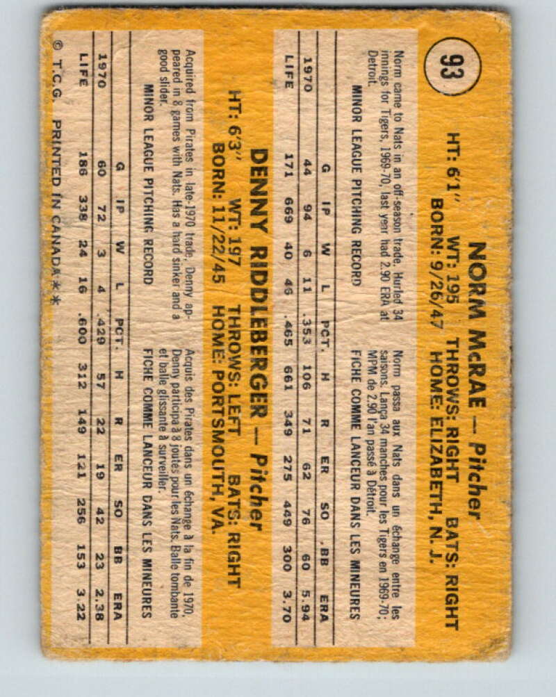 1971 O-Pee-Chee MLB #93 McRae/Riddleberger� RC Rookie� V10820