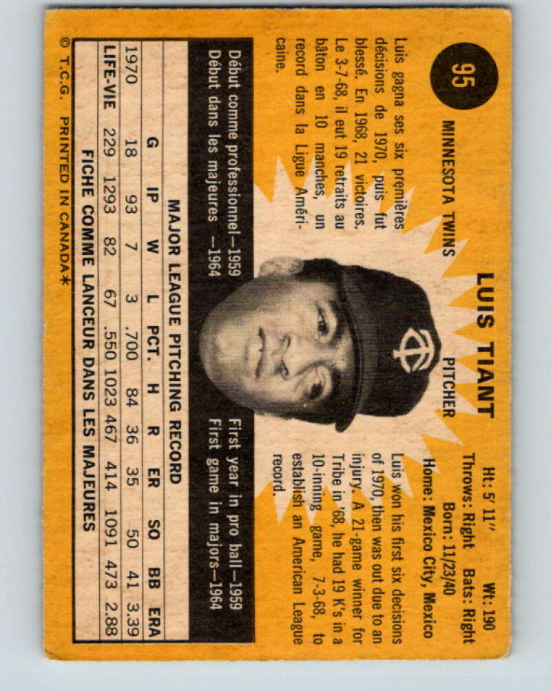 1971 O-Pee-Chee MLB #95 Luis Tiant� Minnesota Twins� V10821