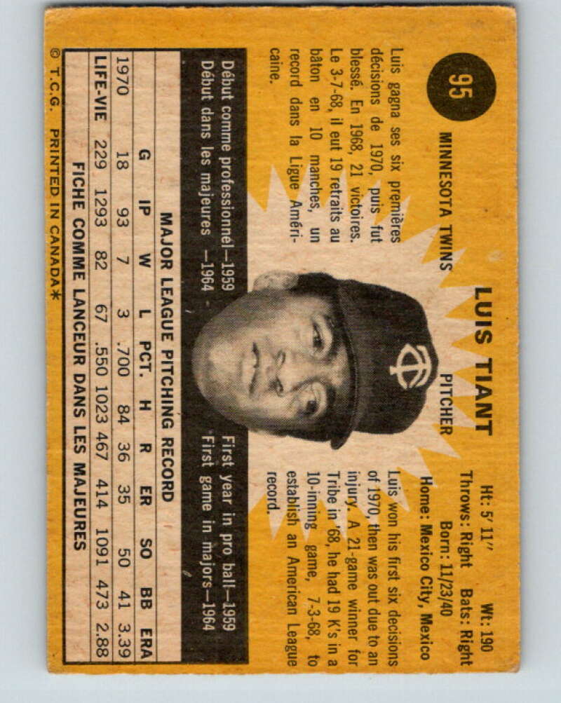 1971 O-Pee-Chee MLB #95 Luis Tiant� Minnesota Twins� V10823