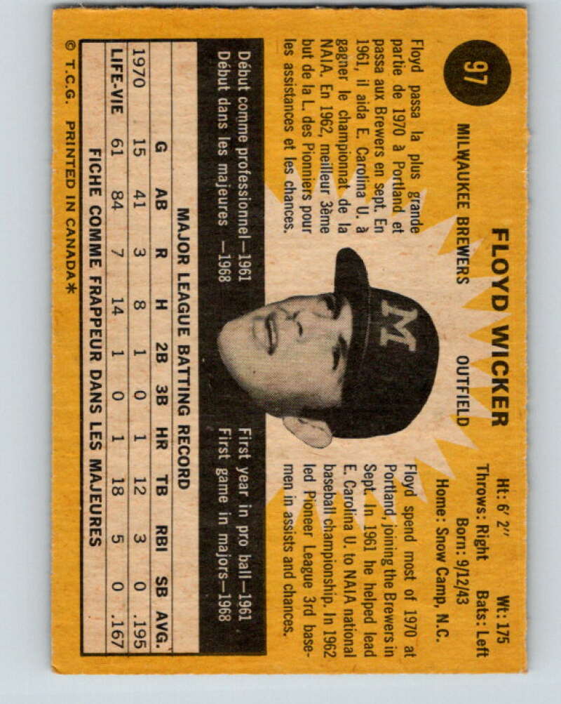 1971 O-Pee-Chee MLB #97 Floyd Wicker� Milwaukee Brewers� V10825