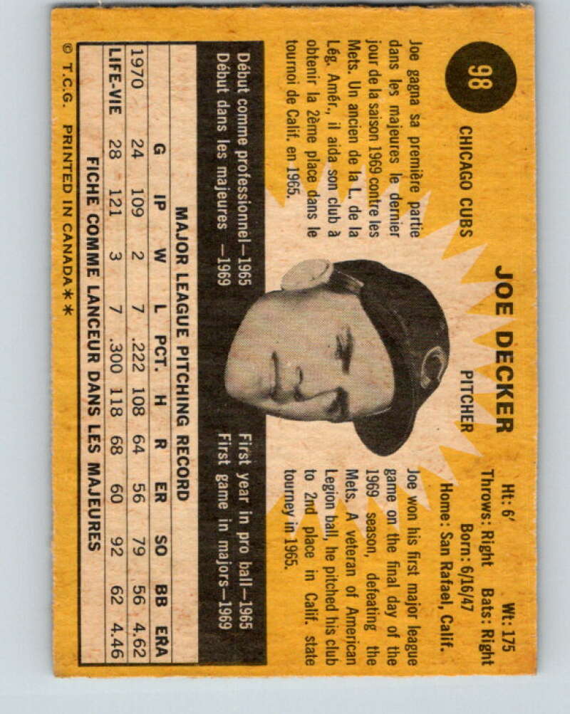 1971 O-Pee-Chee MLB #98 Joe Decker� RC Rookie Chicago Cubs� V10826